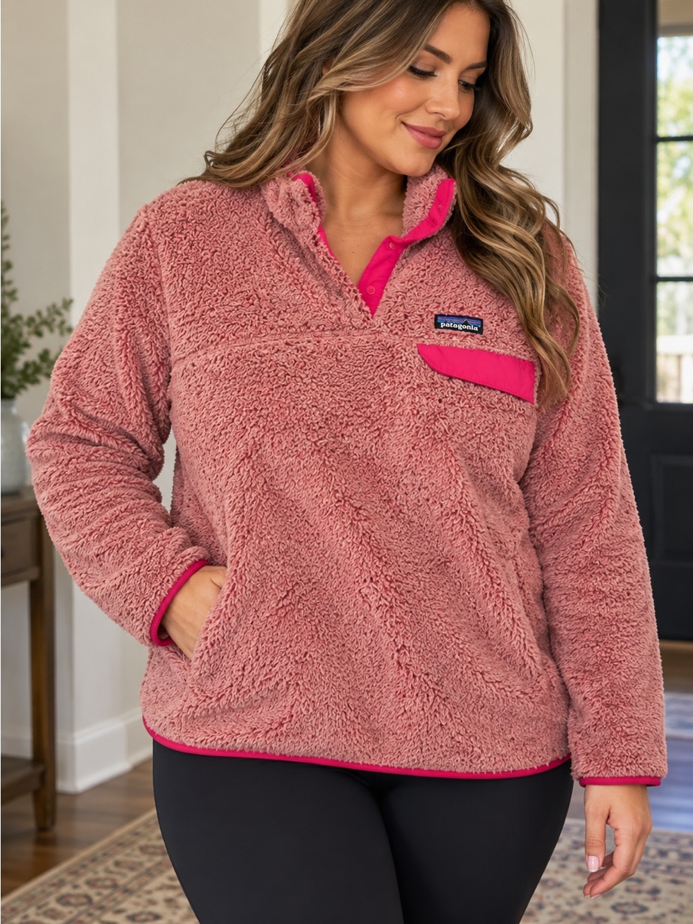 Patagonia Women’s Dusty Rose Sherpa Pullover with Hot Pink Trim